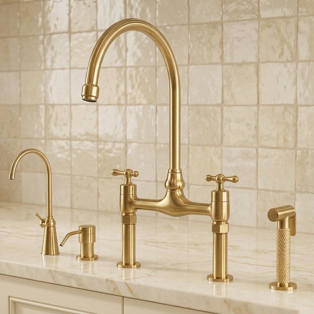 Brushed Brass Bridge Kitchen Faucet, Side Sprayer & Soap Dispenser
