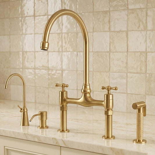Brushed Brass Bridge Kitchen Faucet, Side Sprayer & Soap Dispenser