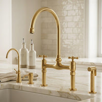Brushed Brass Bridge Kitchen Faucet with Side Sprayer, Soap Dispenser and Cold Tap