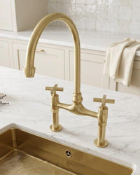 Unlacquered Brass Bridge Faucet, Vintage Cross Handle Sink Tap, High Arc Gooseneck Farmhouse Fixture