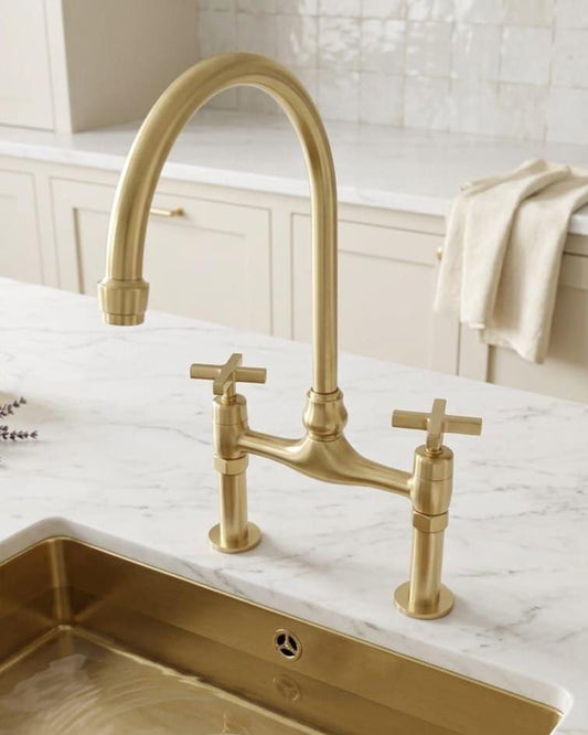 Unlacquered Brass Bridge Faucet, Vintage Cross Handle Sink Tap