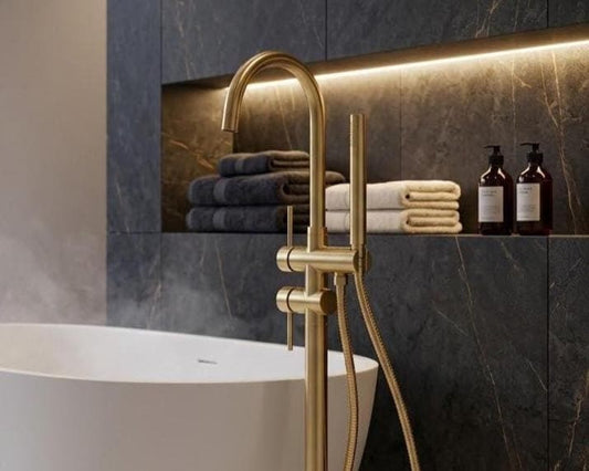 Freestanding Bathtub Faucet Gold Brass Floor Mount Tub Filler with Handheld Shower