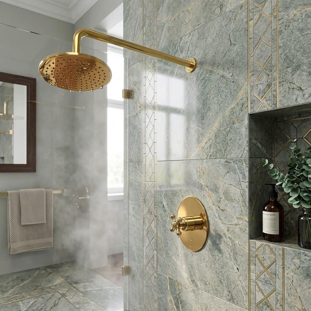 Luxury Brushed Gold Rain Shower System with Cross Handle – installed view