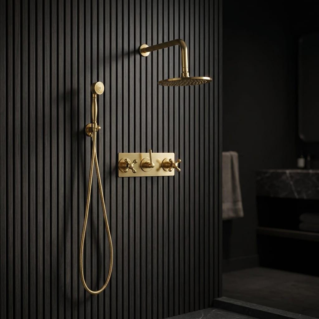 Luxury Brushed Gold Shower System with Handheld Shower – installed view