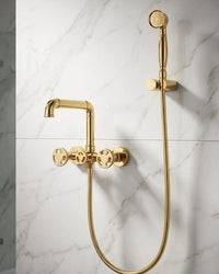 Wall Mount Shower Faucet Set Gold Brass, Vintage Bath Fixture with Handheld Shower