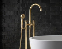 Unlacquered Brass Freestanding Tub Filler Faucet: Solid Brass Floor Mount Bathroom Fixture