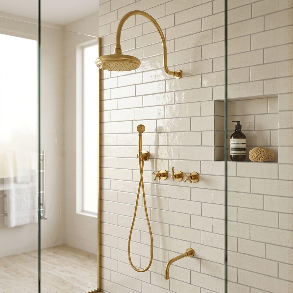 Unlacquered Brass Shower System, Rainfall, Handheld Sprayer – alternate angle