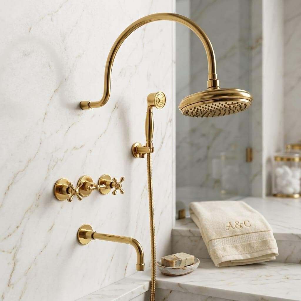 Unlacquered Brass Shower System, Rainfall, Handheld Sprayer – installed view
