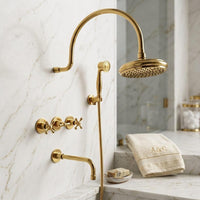 Unlacquered Brass Shower System: Rainfall, Handheld Sprayer, Wall Mount Bathroom Fixture