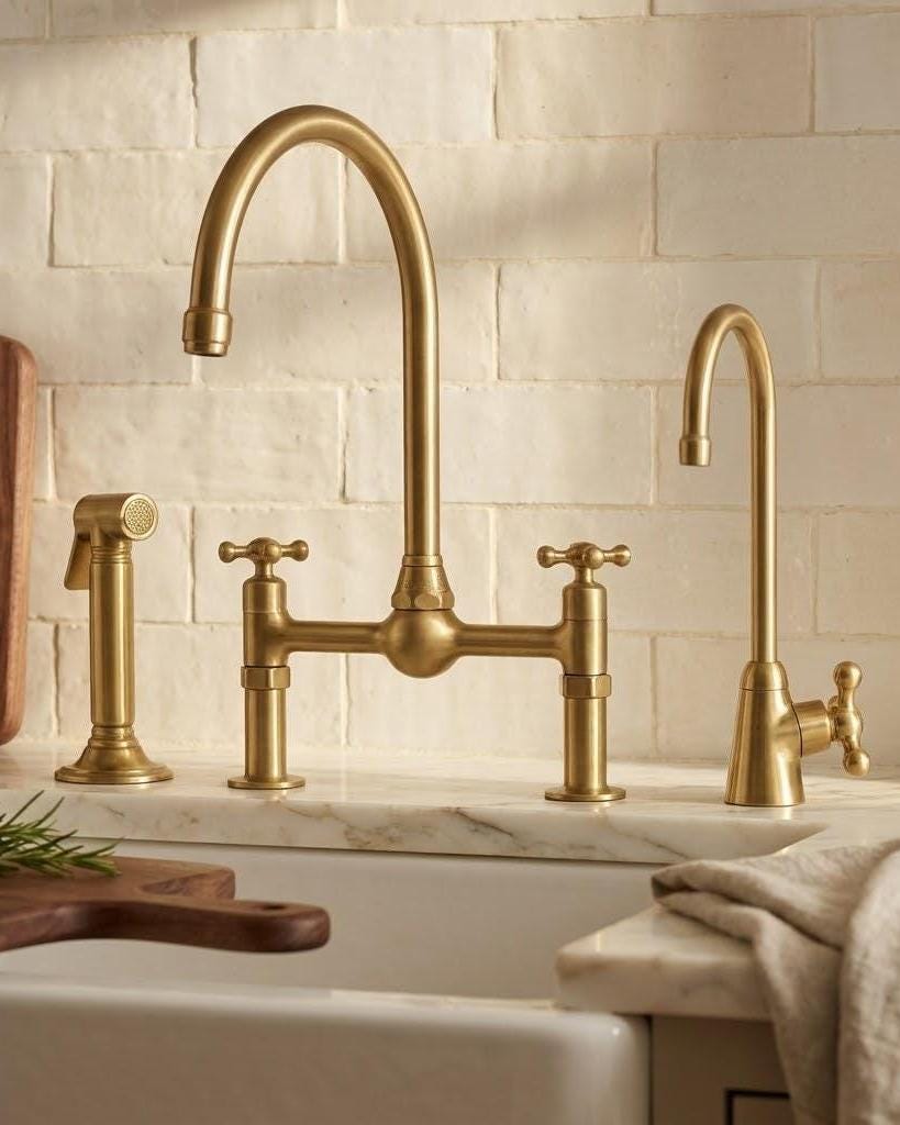 Unlacquered Brass Bridge Kitchen Faucet with Side Sprayer Soap Dispenser Tap