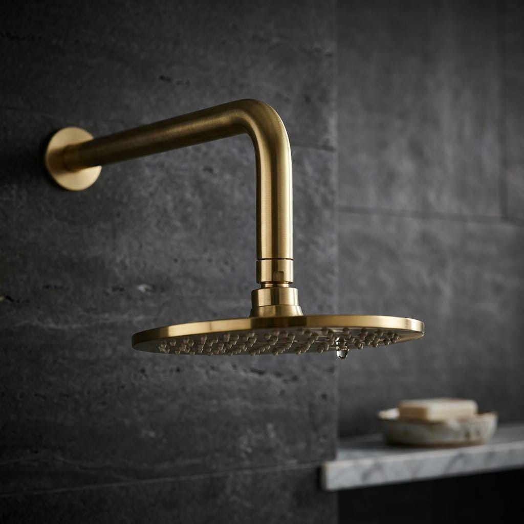 Unlacquered Brass rain shower head Replacement Arm Long Outlet Pipe – close-up of the finish