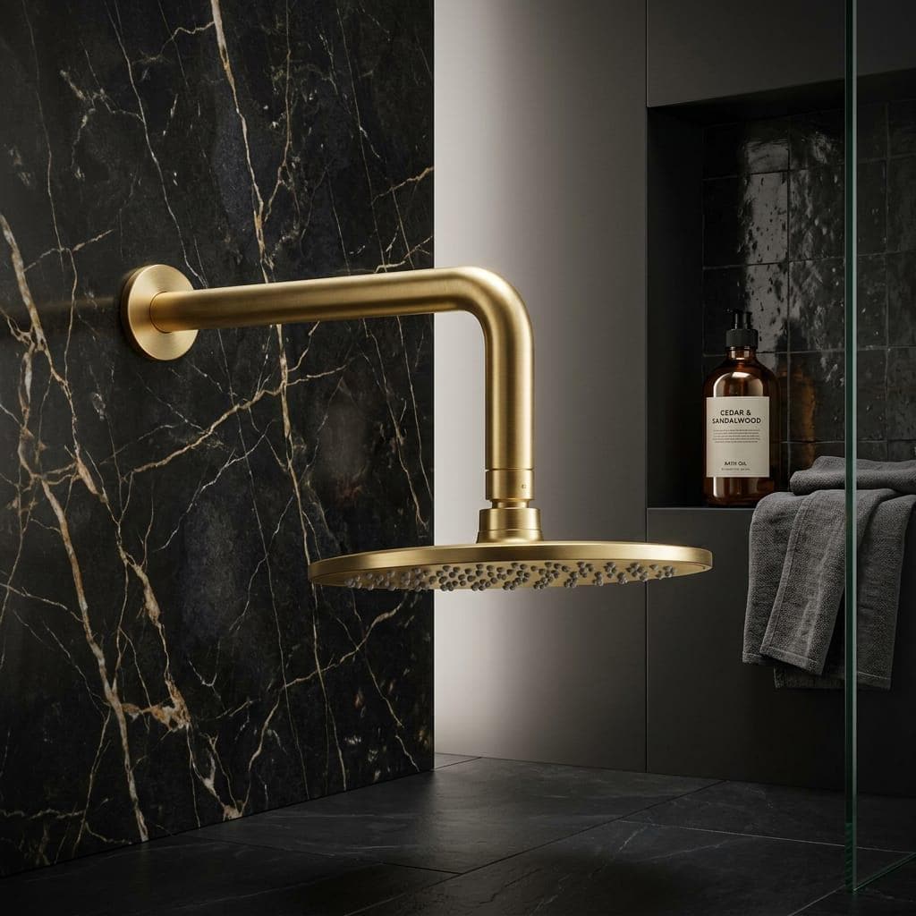 Unlacquered Brass rain shower head Replacement Arm Long Outlet Pipe – detail view