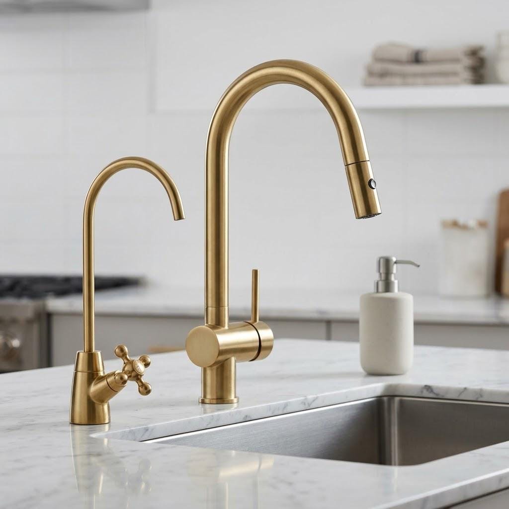 Unlacquered Brass Kitchen Faucet, Pull-Out Sprayer – close-up of the finish
