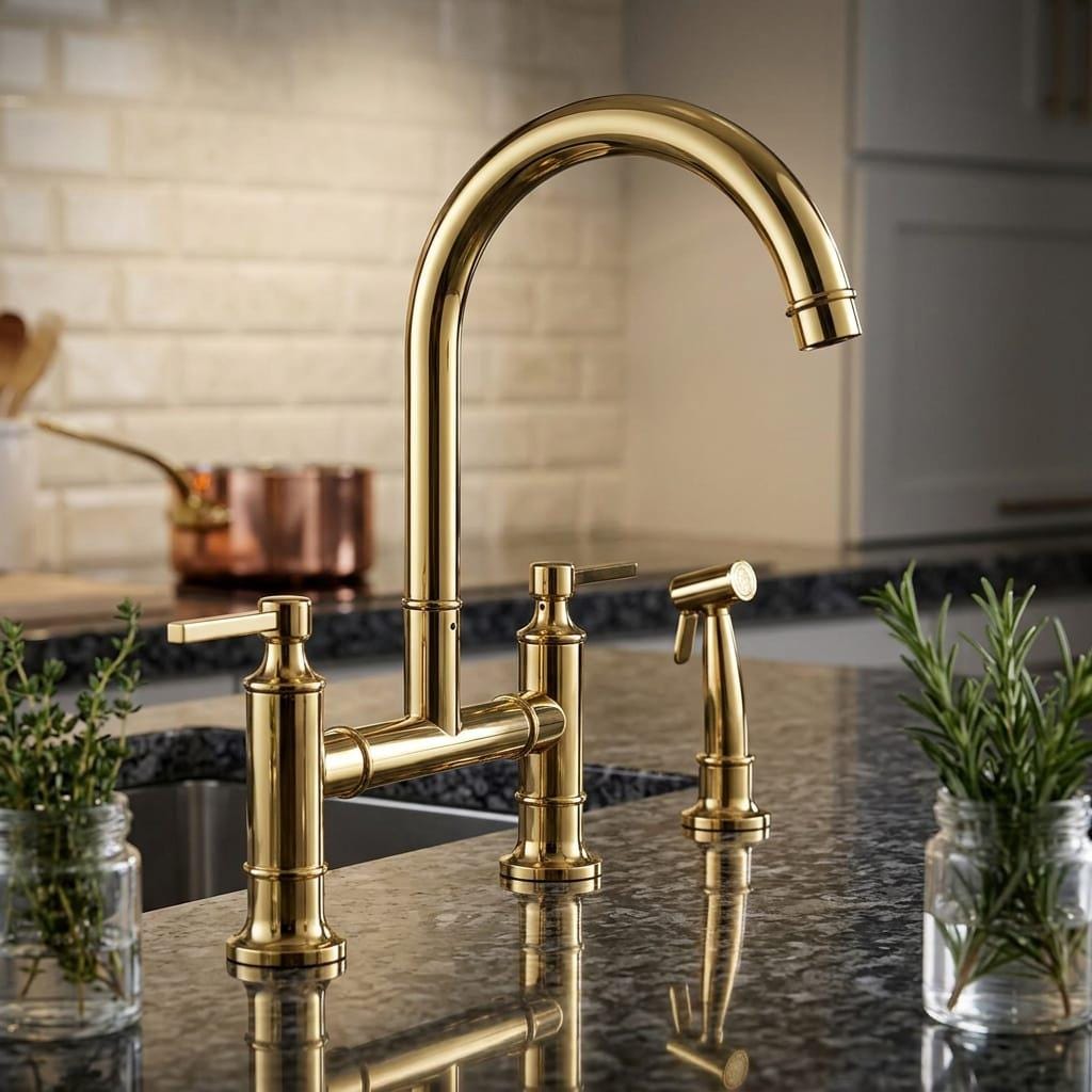 Unlacquered Brass Bridge Kitchen Faucet – alternate angle