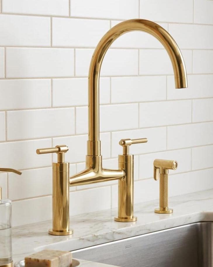 Unlacquered Brass Bridge Kitchen Faucet with Soap Dispenser – close-up of the finish
