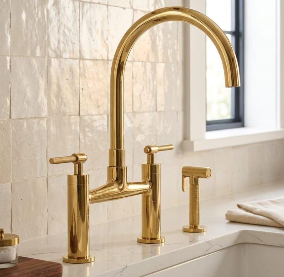 Unlacquered Brass Bridge Kitchen Faucet with Soap Dispenser