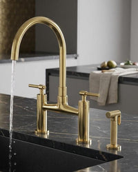 Bridge Kitchen Faucet with Soap Dispenser – Unlacquered Brass High Arc Mixer Tap