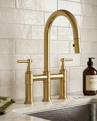 Solid Brass Kitchen Faucet – Polished Gold Dual Handle Mixer Tap, Modern Curved Sink Fixture