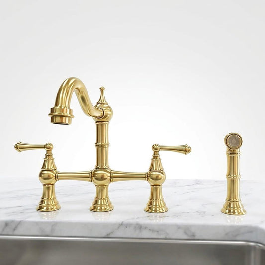Brushed Brass Bridge Kitchen Faucet with Side Sprayer