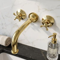 Unlacquered Brass Wall Mount Faucet, Cross Handle Sink Tap, Solid Vanity Mixer