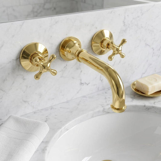 Unlacquered Brass Wall Mount Faucet, Cross Handle Sink Tap