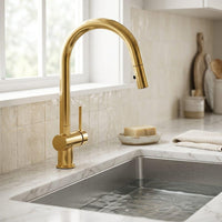 Unlacquered Brass Pull Down Kitchen Faucet, Modern Single Handle Mixer Tap