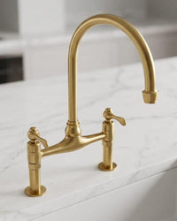Unlacquered Brass Bridge Kitchen Faucet, Vintage Farmhouse Sink Mixer Tap, Solid Brass Swivel Spout