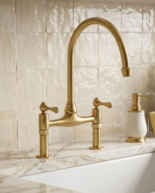 Brushed Brass Bridge Kitchen Faucet, High Arc Swivel Spout