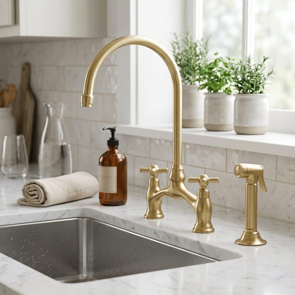 Unlacquered Brass Bridge Kitchen Faucet, Solid Brass sprayer – close-up of the finish