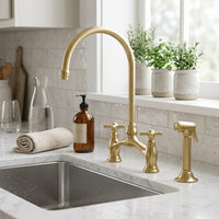 Unlacquered Brass Bridge Kitchen Faucet, Vintage Farmhouse Sink Mixer Tap, Solid Brass sprayer