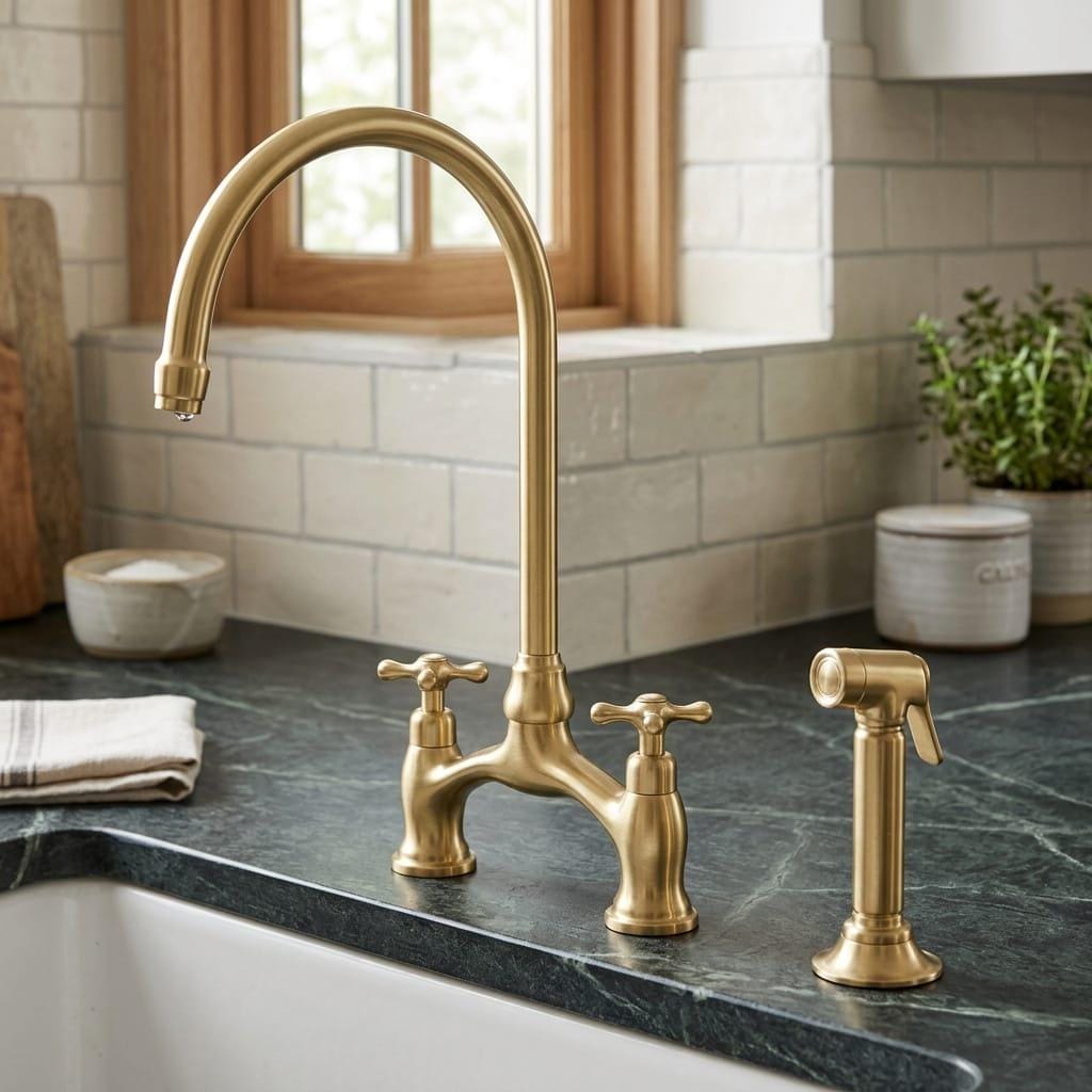 Unlacquered Brass Bridge Kitchen Faucet, Solid Brass sprayer