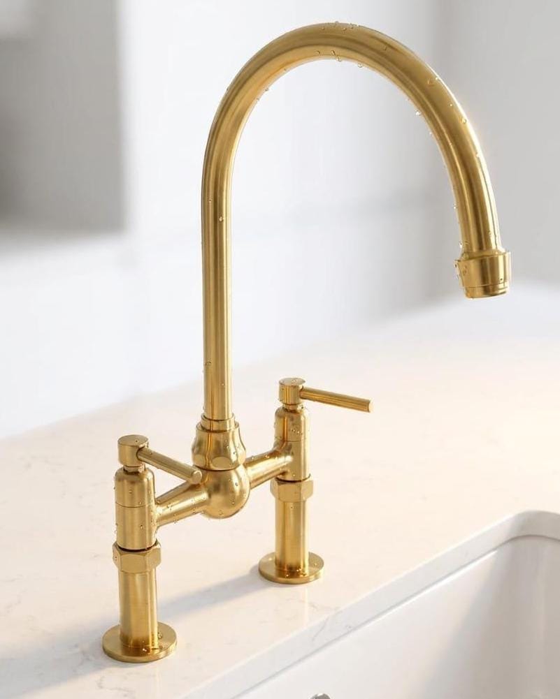 Unlacquered Brass Bridge Kitchen Faucet, Unlacquered Brass Gooseneck Tap – detail view
