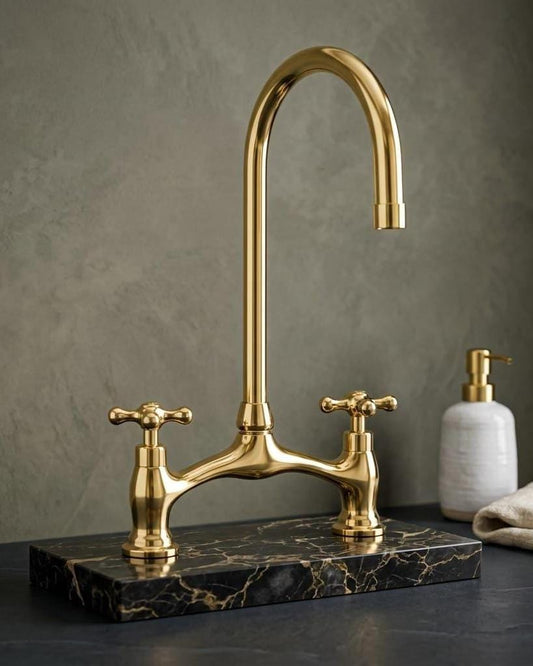 Unlacquered Brass Bridge Kitchen Faucet, Vintage Farmhouse Sink Tap