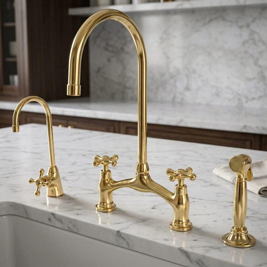 Unlacquered Brass Bridge Kitchen Faucet Set, Side Sprayer