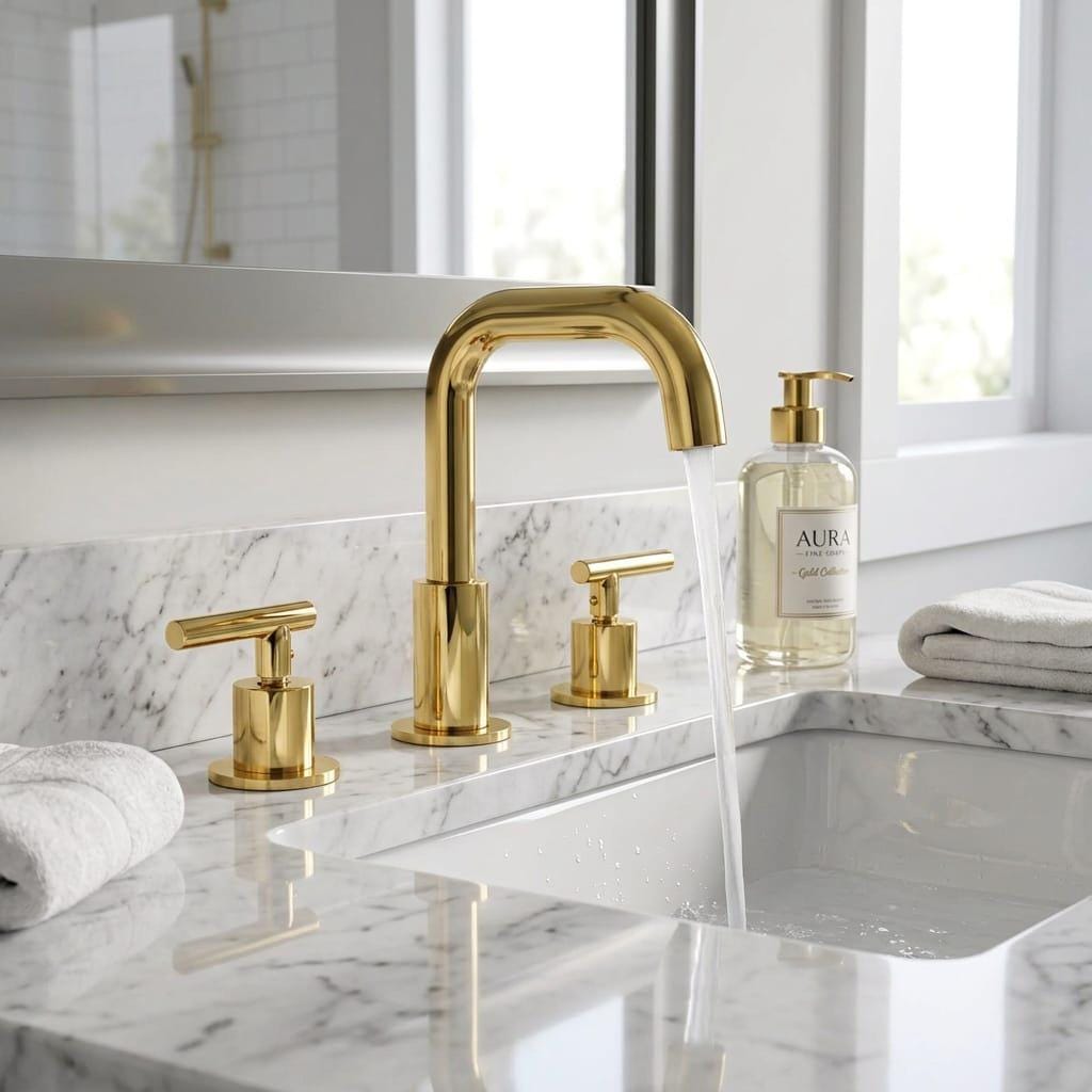 Unlacquered Brass Widespread Faucet, Basin Fixture – installed view