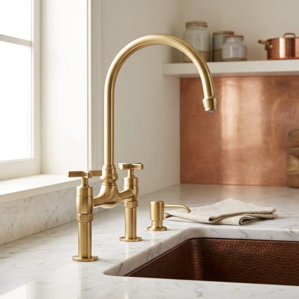 Unlacquered Brass Bridge Faucet, Vintage Cross Handle Sink Tap – installed view