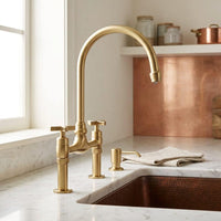 Unlacquered Brass Bridge Faucet, Vintage Cross Handle Sink Tap, High Arc Gooseneck Farmhouse Fixture
