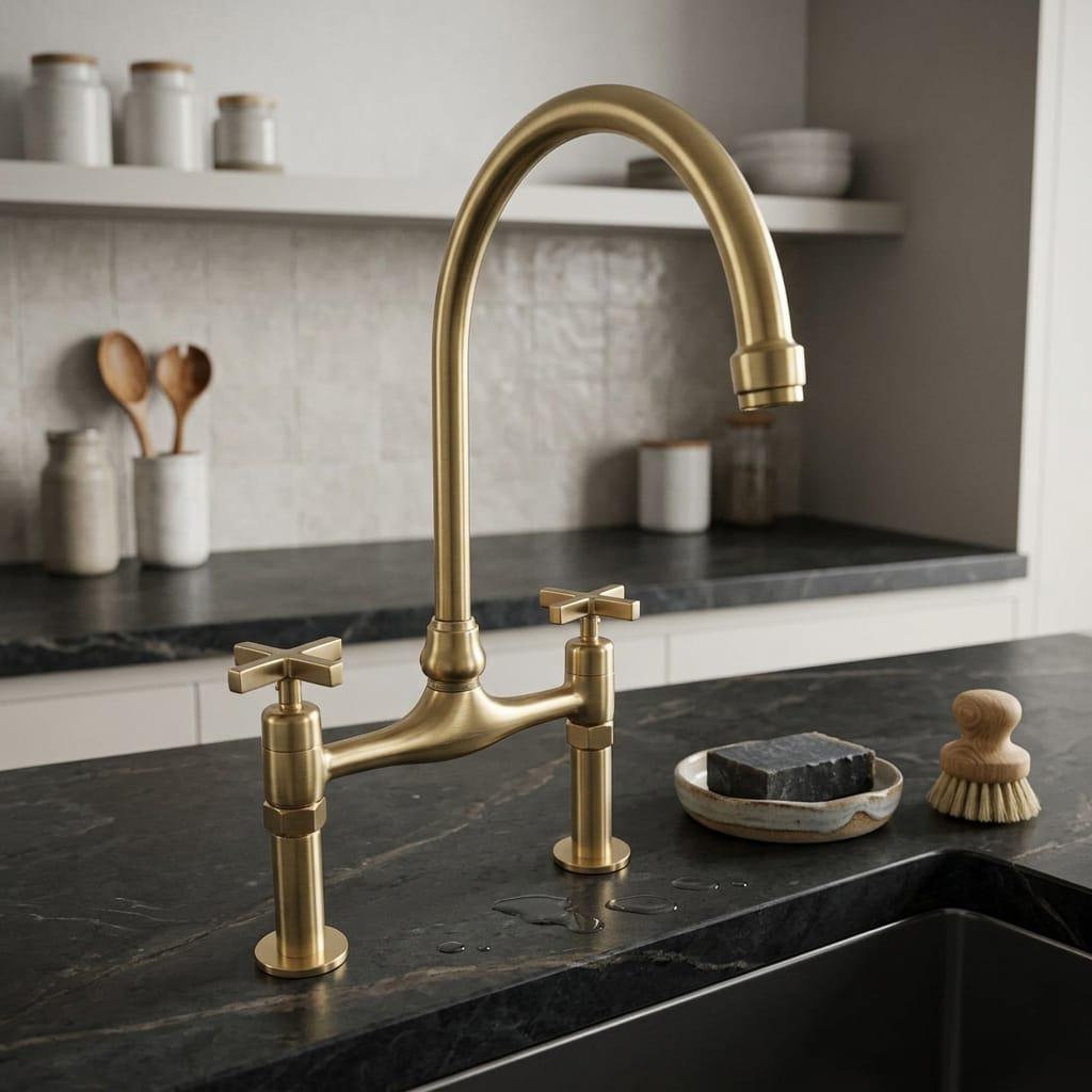 Unlacquered Brass Bridge Faucet, Vintage Cross Handle Sink Tap – alternate angle
