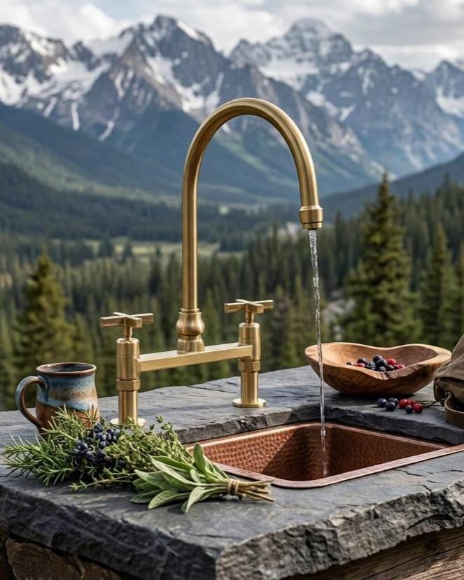 Unlacquered Brass Bridge Faucet, Vintage Cross Handle Sink Tap – close-up of the finish