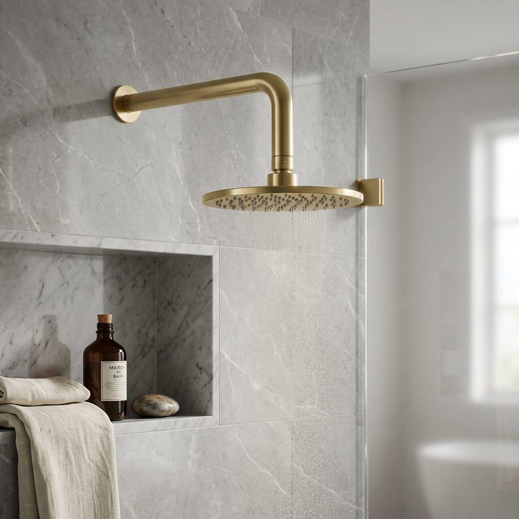 Unlacquered Brass rain shower head Replacement Arm Long Outlet Pipe – installed view