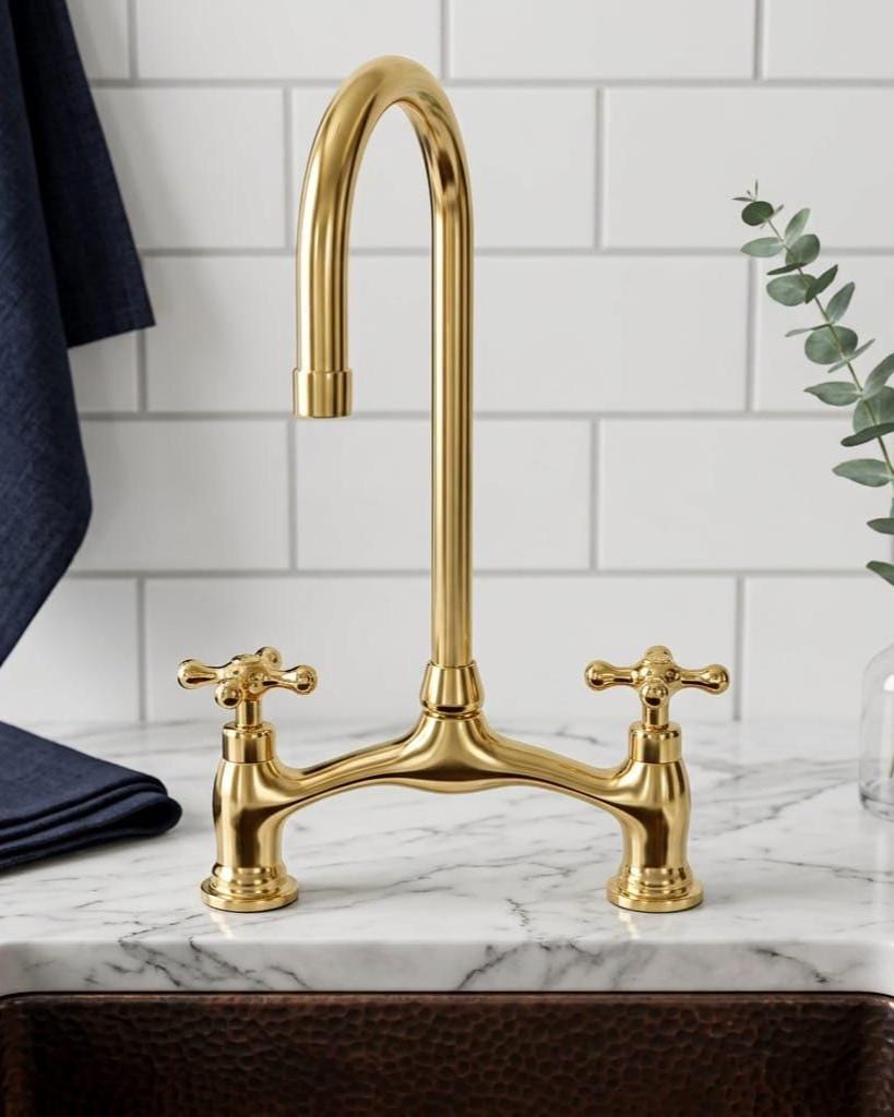 Handmade Unlacquered Brass Bridge Faucet, Solid Luxury Tap