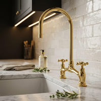 Handmade Unlacquered Brass Bridge Faucet, Vintage Gold Cross Handles, Solid Luxury Tap