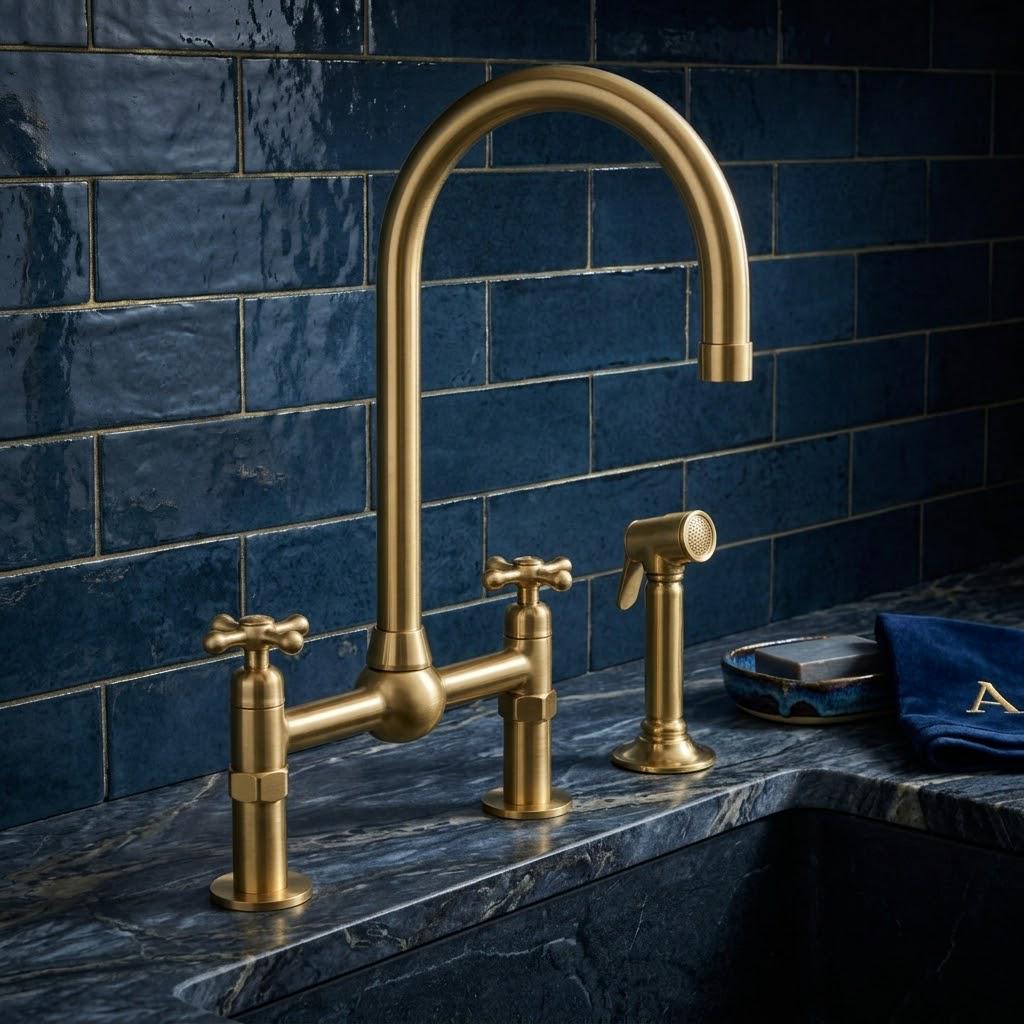 Unlacquered Brass Bridge Faucet with Side Sprayer – close-up of the finish
