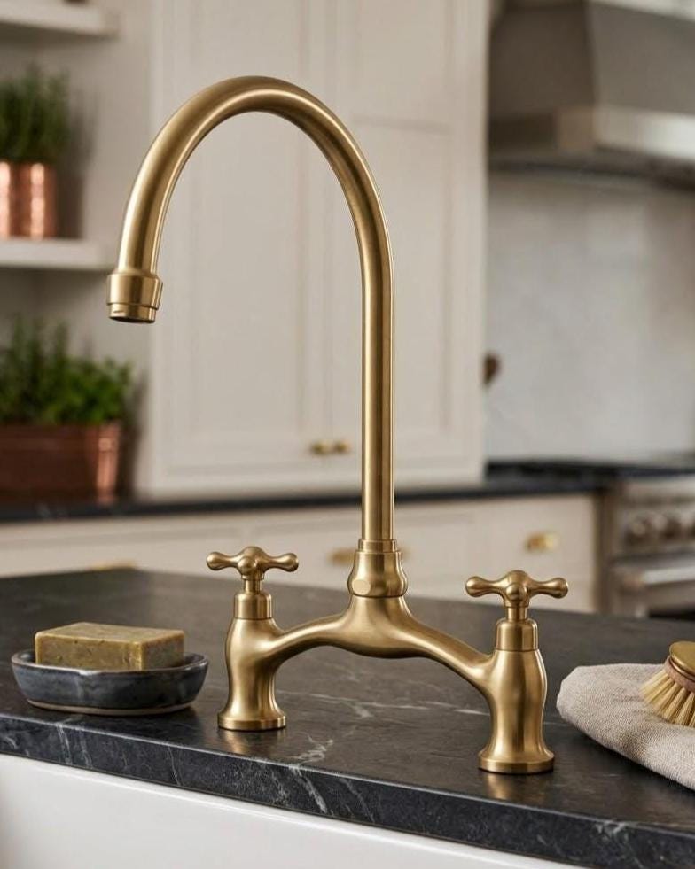 Unlacquered Brass Bridge Faucet, Cross Handles – detail view