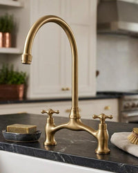 Unlacquered Brass Bridge Faucet, Vintage Gooseneck Kitchen Sink, Cross Handles