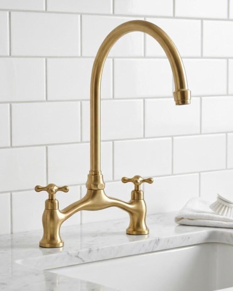 Unlacquered Brass Bridge Faucet, Cross Handles – close-up of the finish