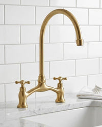 Unlacquered Brass Bridge Faucet, Vintage Gooseneck Kitchen Sink, Cross Handles