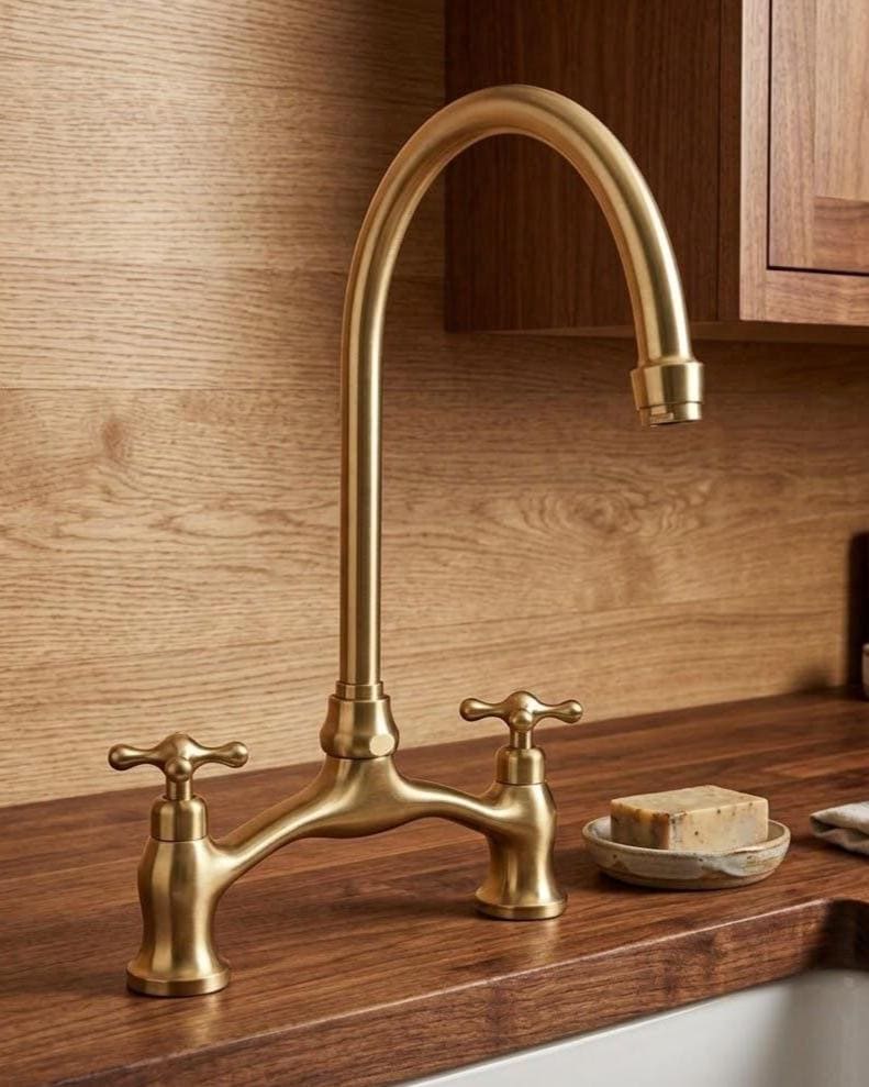Unlacquered Brass Bridge Faucet, Cross Handles – alternate angle