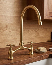 Unlacquered Brass Bridge Faucet, Vintage Gooseneck Kitchen Sink, Cross Handles