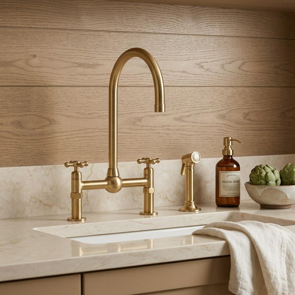 Unlacquered Brass Bridge Faucet with Side Sprayer – installed view